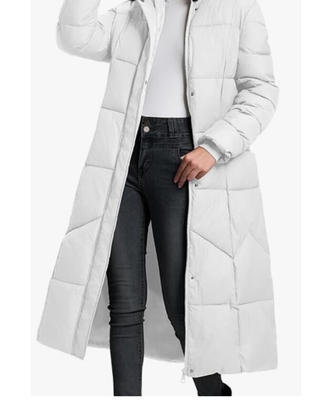 Long White Puffer Coat with Faux Fur Hood